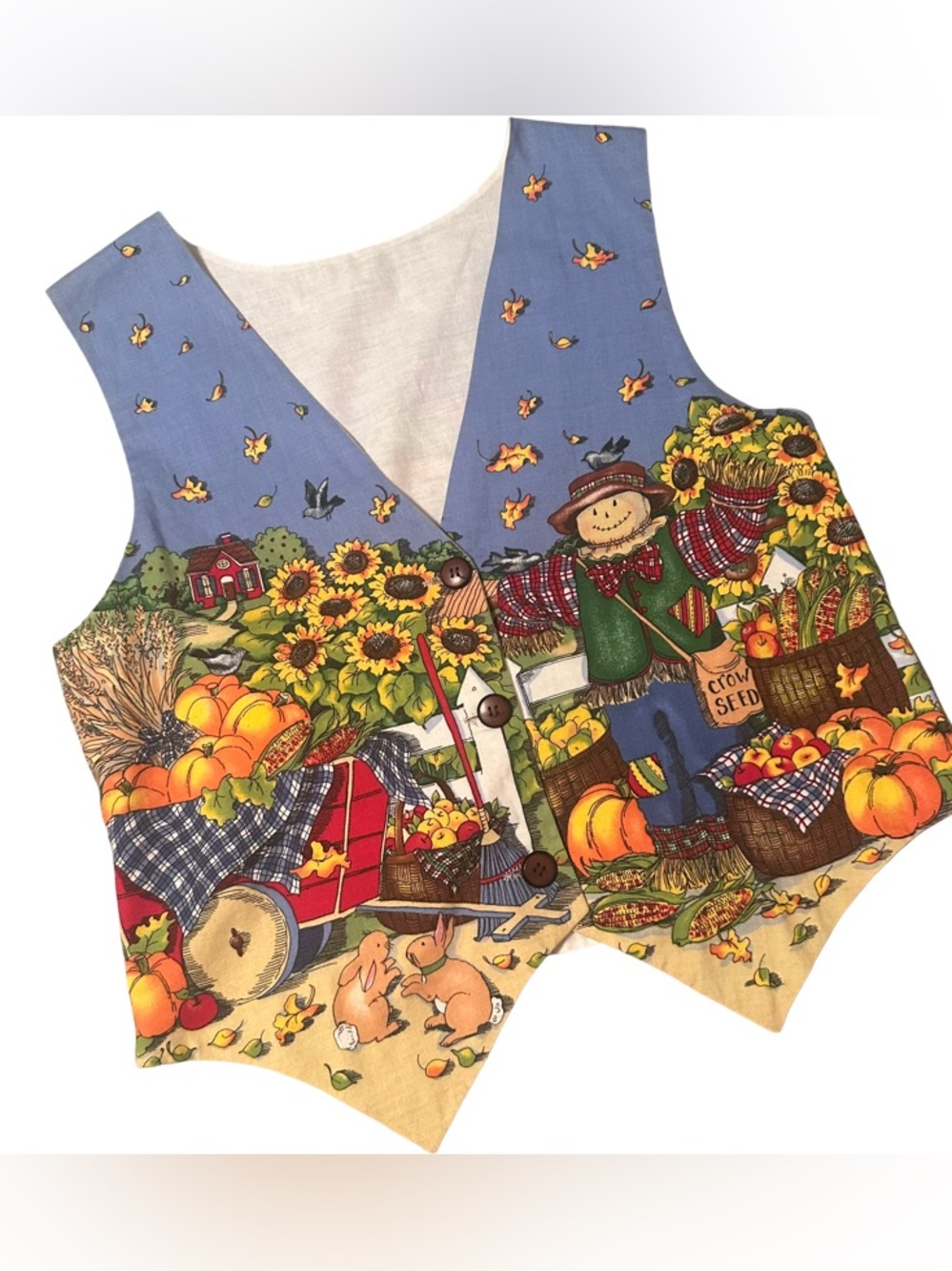 Vintage 90’s Handmade Fall Themed Lightweight Vest Scarecrow Sunflowers Harvest